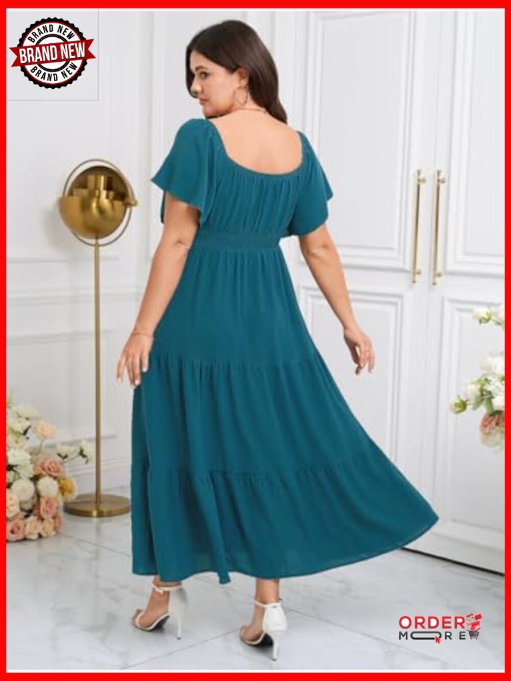 Plus Size Formal Maxi Dress Short Sleeve Square Neck Smocked Side Split Tiered - Picture 6 of 7